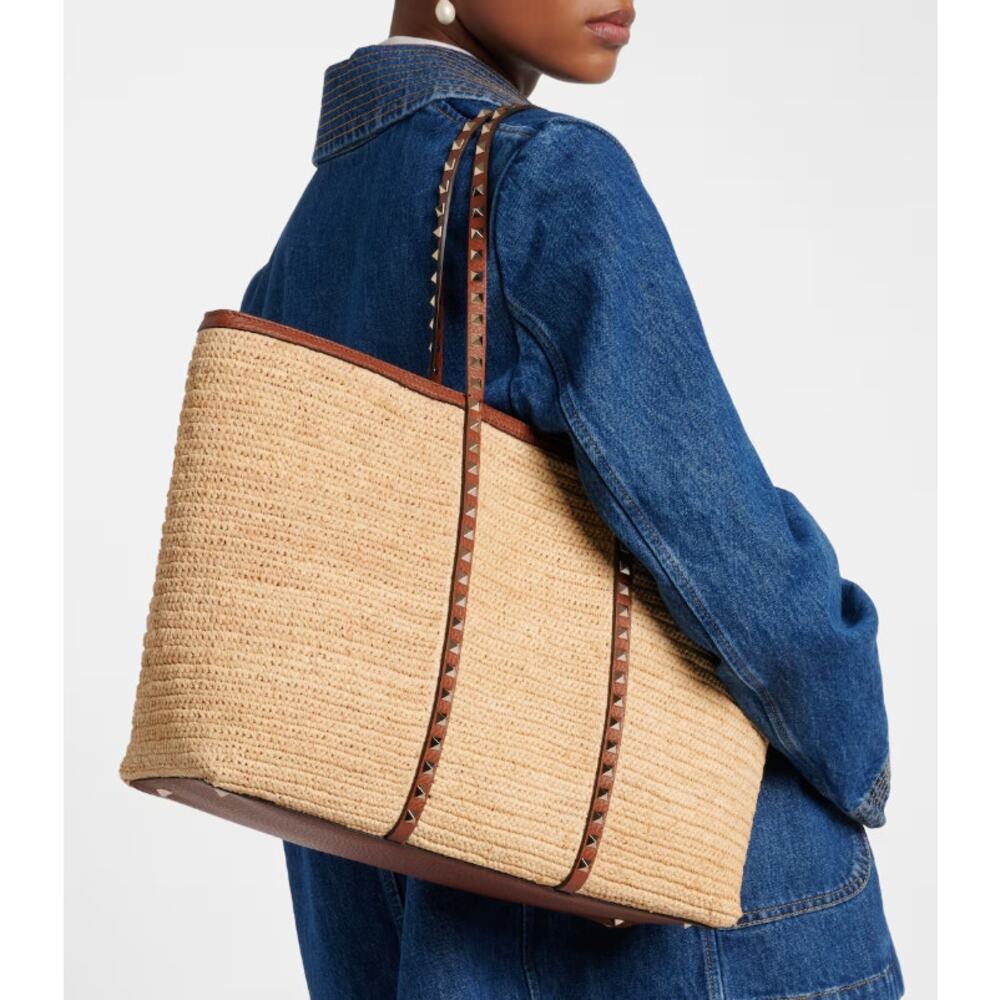 NEW VALENTINO GARAVANI RAFFIA SUMMER ROCKSTUD TOTE BAG PURSE NWT AUTH!